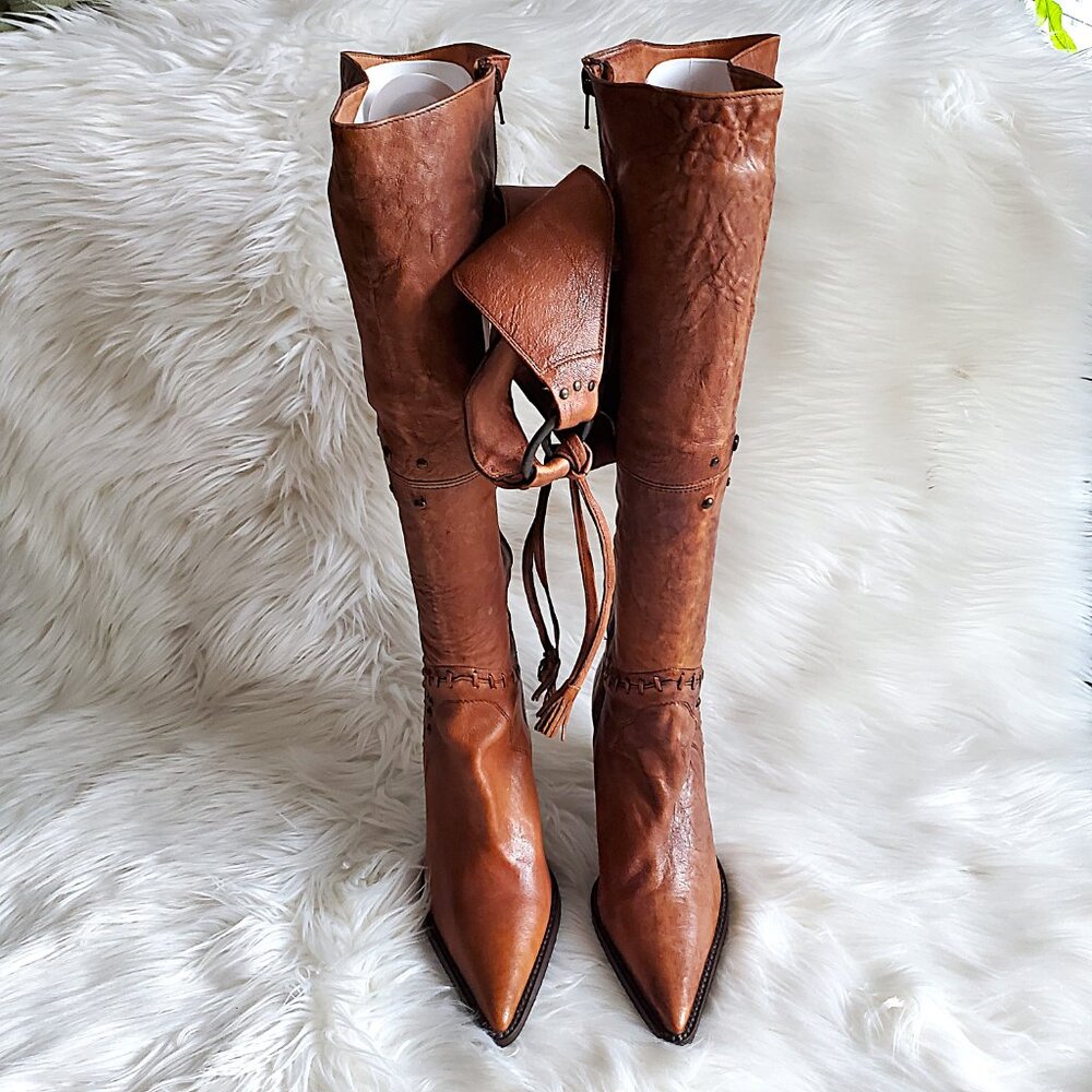 Andre' Cognac Leather Riding Studded Side Zipper Knee High Boot SZ 8 - Picture 4 of 16